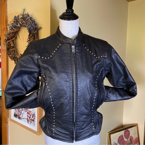 Vintage 80s Black Leather Jacket STUD Zip-Front YKK Silver HW Rock-N-Roll Biker - Picture 2 of 16
